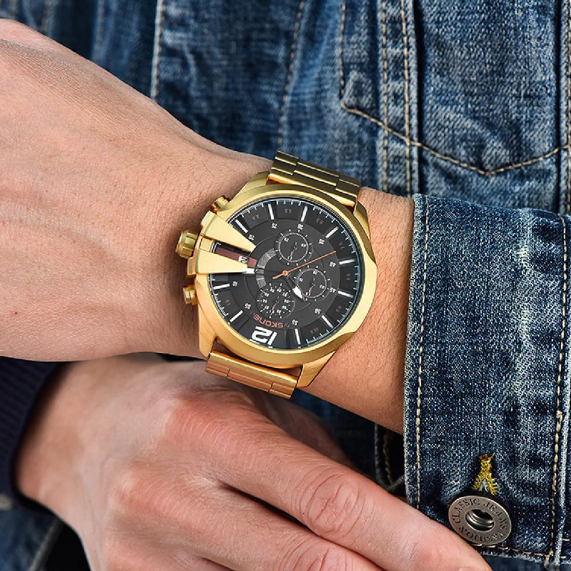 

Big Watch Men Luxury Golden Steel Watchband Men's Quartz Watches Chronograph Military Relogio Masculino Casual Clock Man