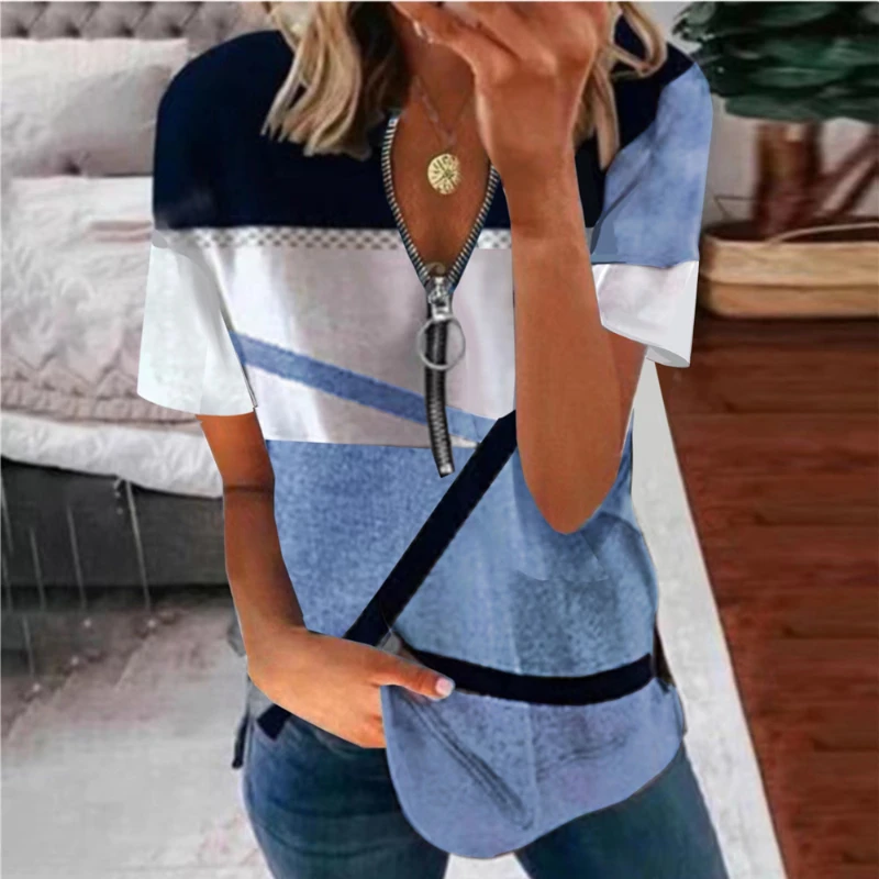 

Women's Short Sleeve T-Shirt Ladies Tops Fashion Spring Summer Zipper Oversized Printed Shirts Female