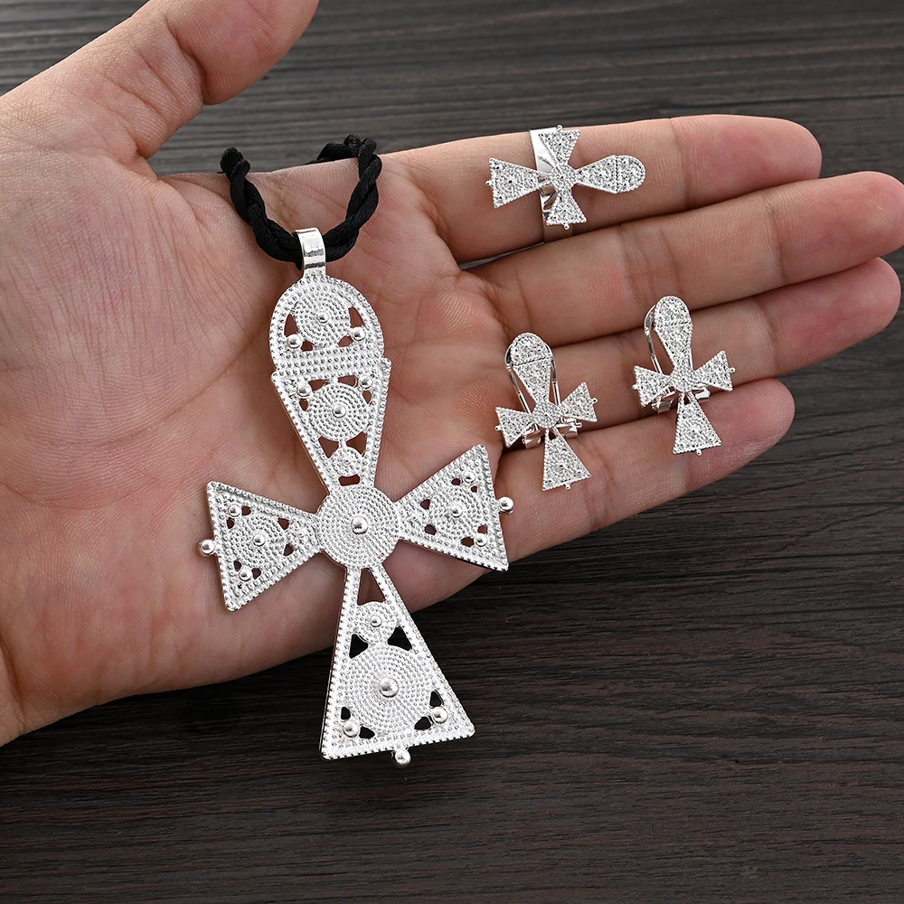 

Classic Silver Color Ethiopian Cross Jewelry Necklace Ring Earrings Nicely Eritrea Charm Sets Men Women's Wedding Party Gift