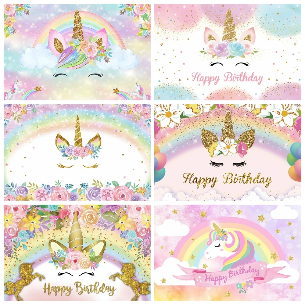 Unicorn Rainbow Happy Birthday Party Backdrop Balloon Flower Gold Glitter Baby Shower Girl Birthday Photo Photography Background