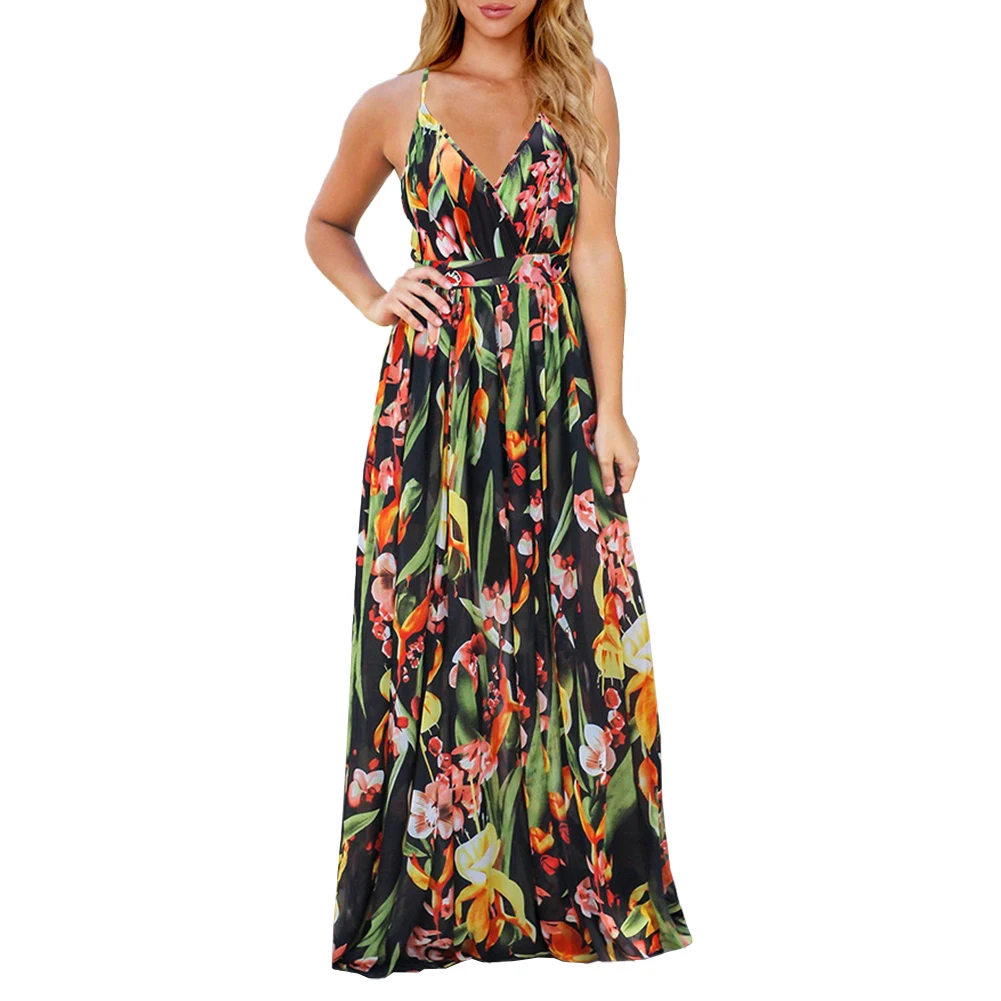 

Women Bohemia Floral Long Dress Cocktail Party Evening Summer High Waist Beach Sundress Clothes For Women Maxi Dresses