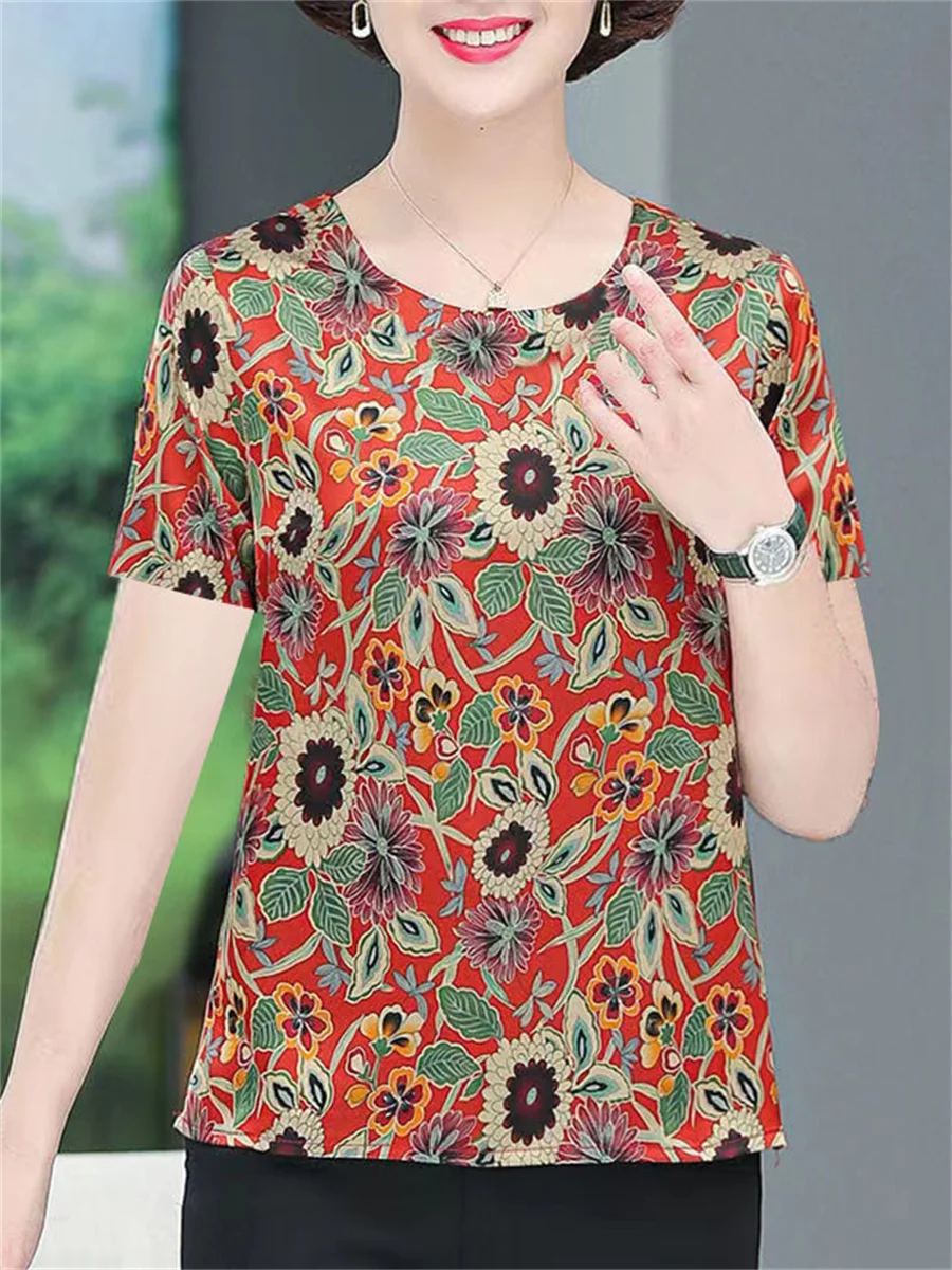 Блузка женская с коротким рукавом круглым вырезом и цветочным принтом G2179