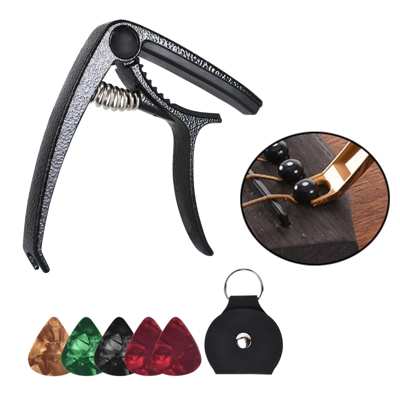 

Guitar Clip Capo Sliding Adjustable Capo Zinc Alloy Capo Leather Picks Holder