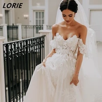 lorie elegant sweetheart off shoulder lace wedding dresses short sleeves backless boho bridal gowns vintage bride dress