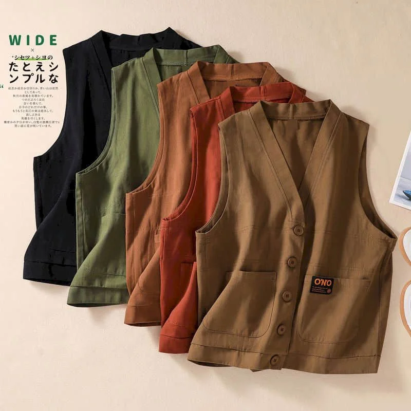 Женский однобортный жилет без рукавов свободная однотонная хлопковая майка в