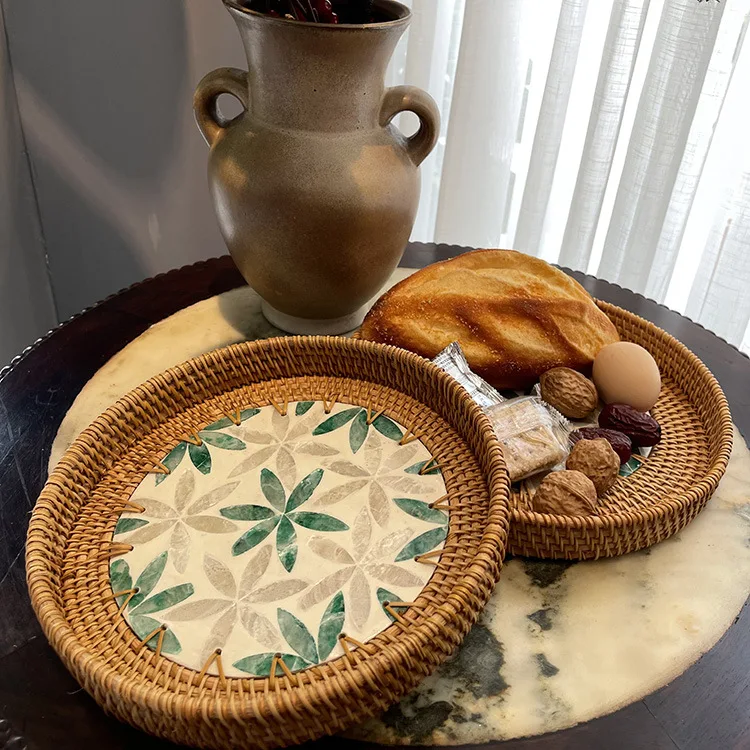 

Плетеная корзина для хранения закусок в новом стиле, плетеный лоток для фруктов из ротанга, ротанговый поднос для чая из ротанга