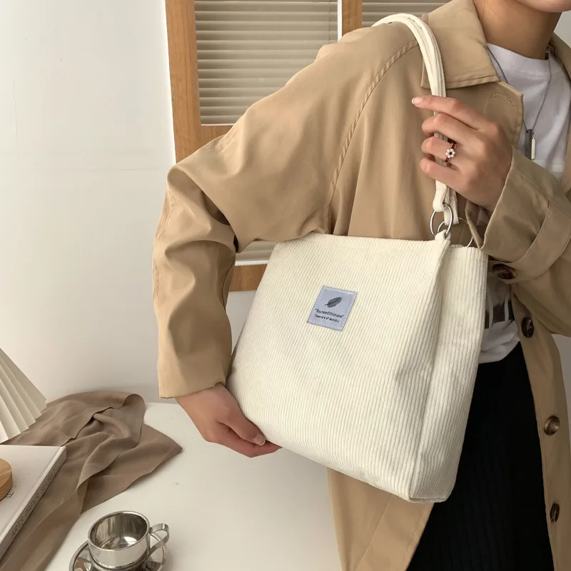 

New Corduroy Shoulder Bag for Women Cotton Cloth Versatile Handbag Solid Color Eco Shopping bag Ladies Reusable Totes Bags