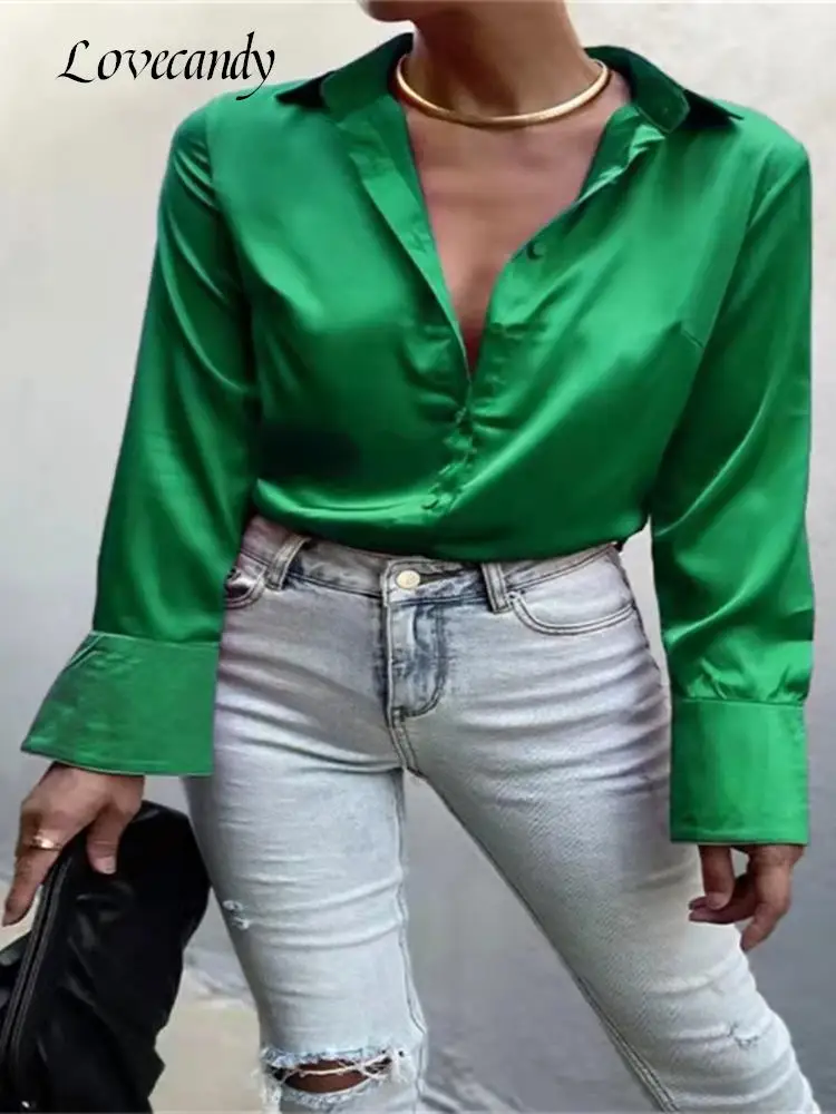 

Блузка Женская атласная однотонная с отложным воротником и длинным рукавом