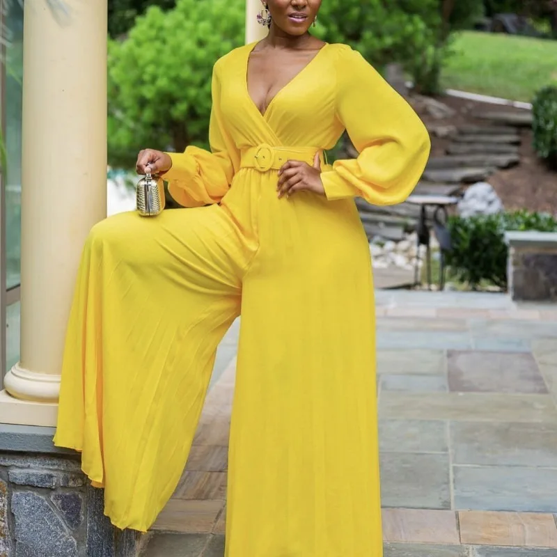 2023 Women V Neck Loose Jumpsuit Wide Leg Pants New Elegant Long Sleeve Office Ladies Work Wear Hight Waist Spring Summer Female