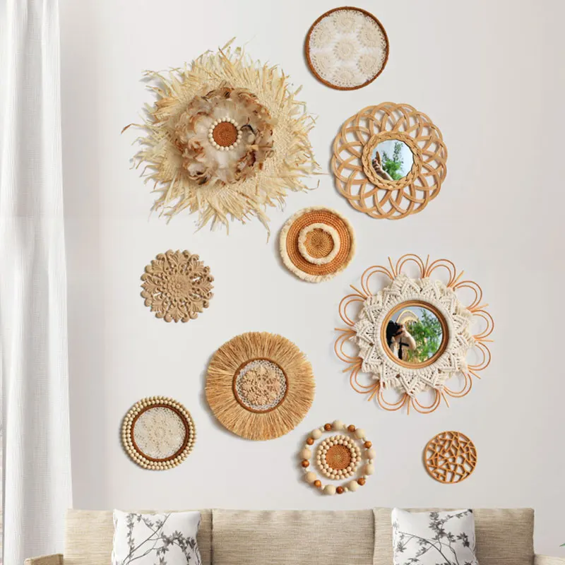 Цена Настенное украшение из ротанга ручной работы в марокканском стиле, Подвесной Настенный декор, круглая плетеная настенная корзина, комнатны...