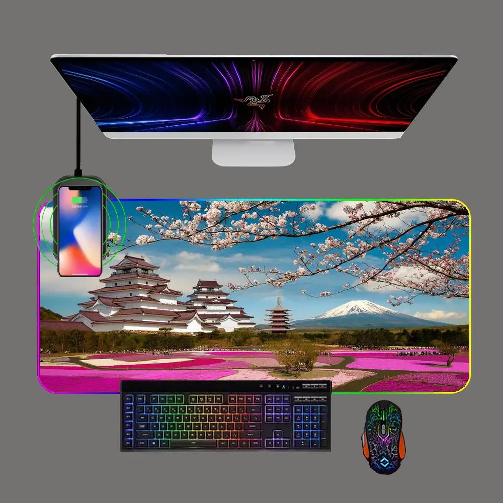 

Mount Fuji Sun Japan Gaming Mouse Pad RGB Phone Wireless Charging Luminescence Pc Keyboard Mat Gamer Computer Office Mousepad