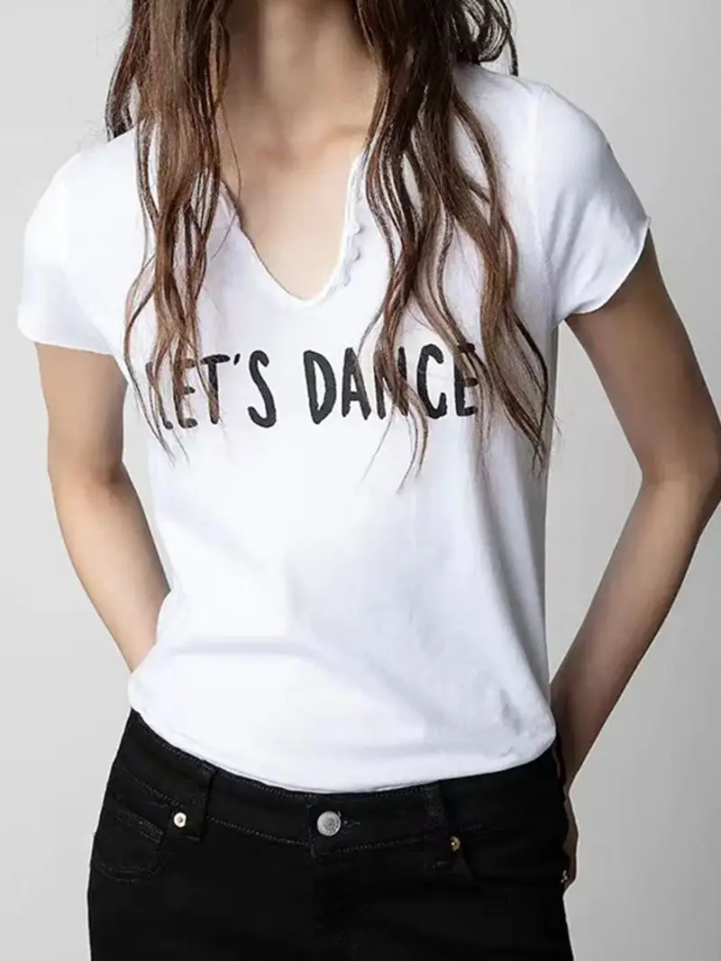 

Women's T-shirt High Quality 2023 Summer New Back Kiss Pattern V Neck Short Sleeve Thin Cotton Casual Top