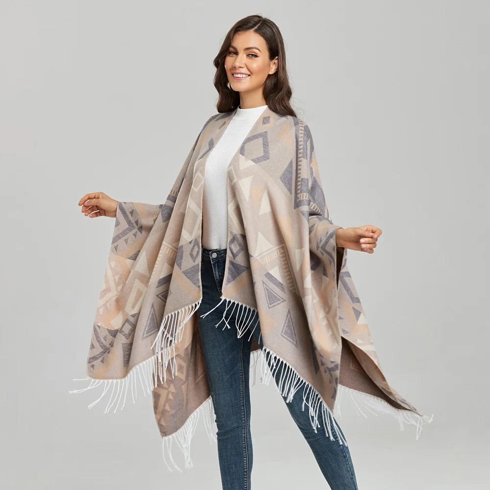 2022 Women's Tassel Split Cape Double-sided Imitation Cashmere Like Thickened Warm Large Cloak Blanket Autumn Ponchos