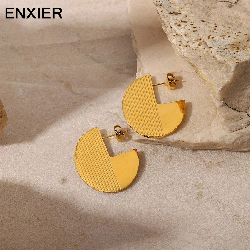 

ENXIER Fashion Round Striped Earrings For Women 316L Stainless Steel 18K Gold Plated Ear Studs Classic Ladies Jewelry