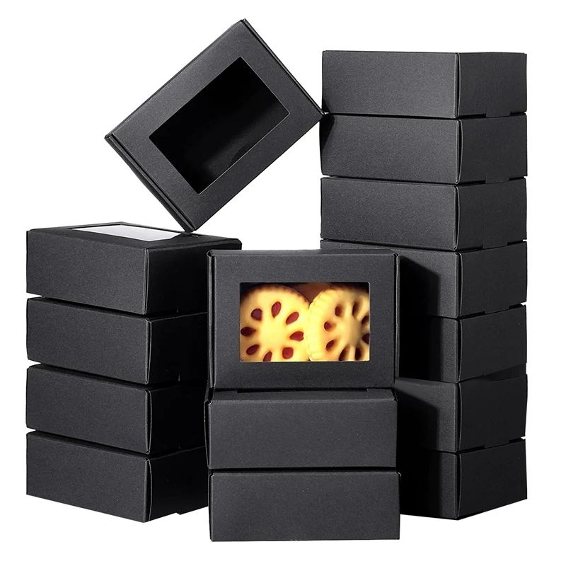 

Practical 50 Pcs Mini Kraft Paper Box With Window Present Packaging Box Treat Box For Homemade Soap Treat Bakery Candy (Black)