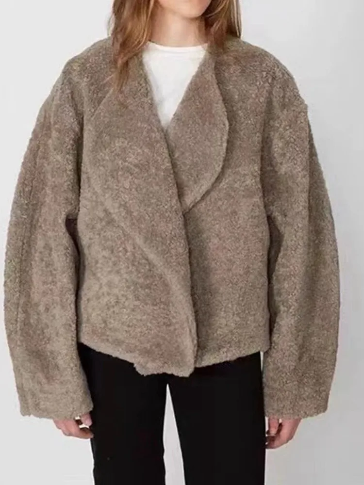 2 Colors Female Silhouette Short Jackets Women's Faux Fur Lamb Coat Turn-down Collar 2022 Autumn Winter