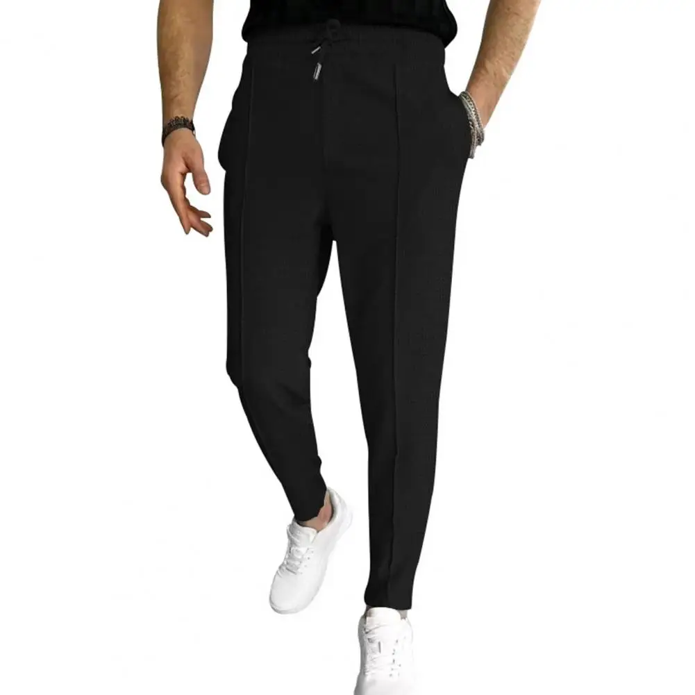

Solid Color Summer Pants Soft Breathable Men's Drawstring Pants with Elastic Waist Pockets for Business Commute Long Trousers