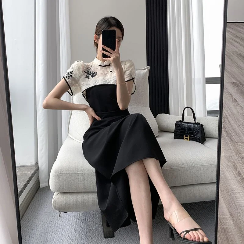 

Pleated Black Slip Dress Women's Summer New Vintage New Chinese Modified Cheongsam Two-piece Skirt