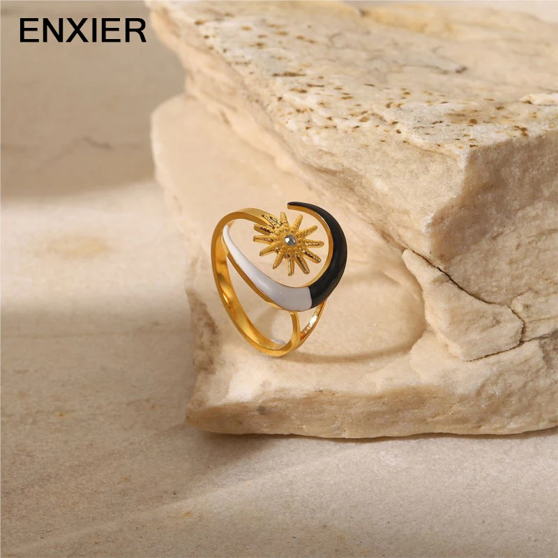 

ENXIER Fashion Moon Star Open Adjustable Ring For Women Girls 316L Stainless Steel Gold Color Ring Female Jewelry