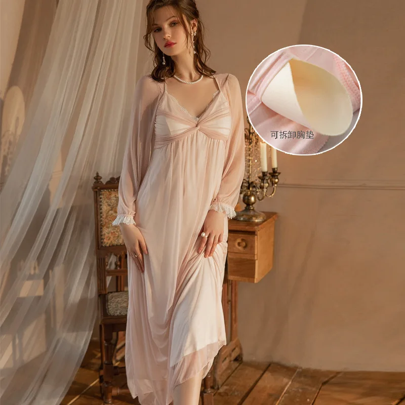 Sexy nightdress women's long sleeves long lace princess style pink pajamas with chest pads new pure desire style thin loose
