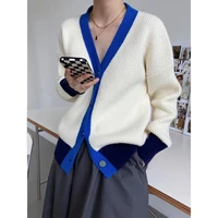 patchwork color long sleeve v neck cardigan for women spring autumn chic loose knitted jacket lady sweater outwear top