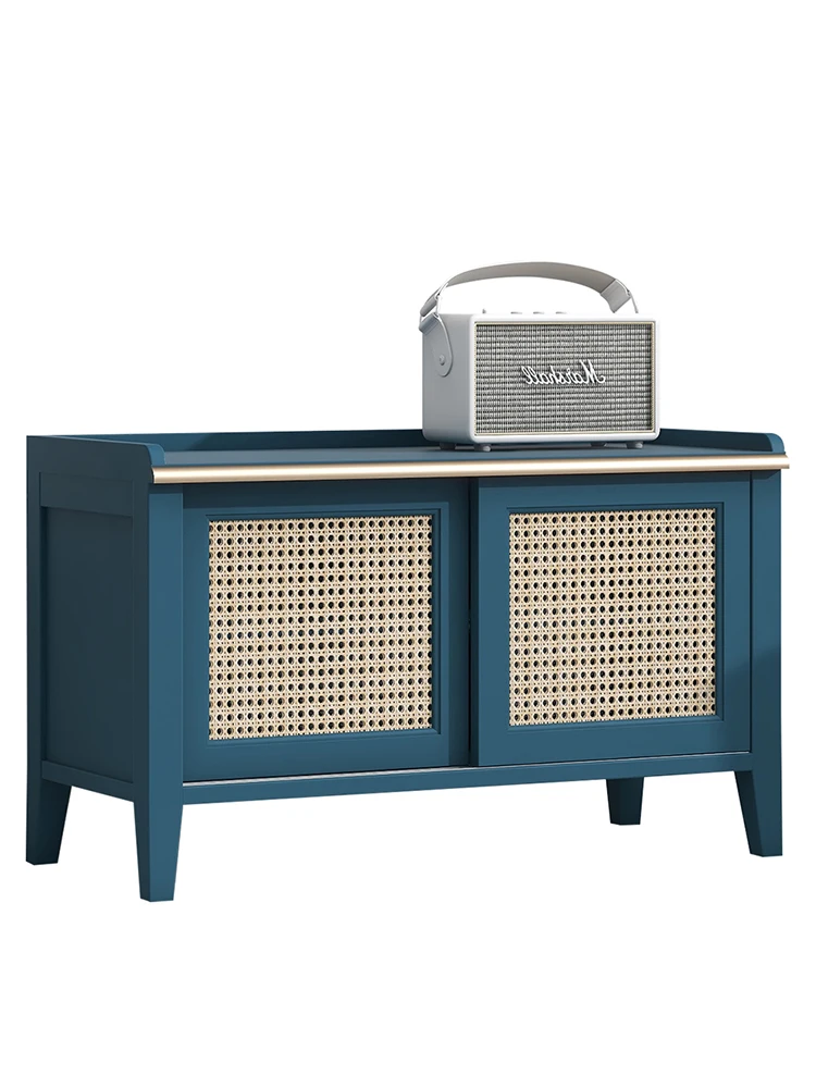 

XL Rattan Shoe Changing Stool Solid Wood Furniture Sitting Peacock Blue Storage Stool Shoe Cabinet