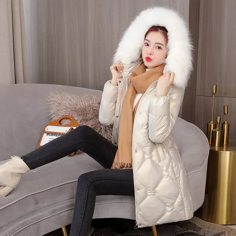 Parkas Women 2022 Winter New Large Size Hooded Fur Collar Long Padded Coat Female Casual Fashion Shiny Wash Free Cotton Jacket