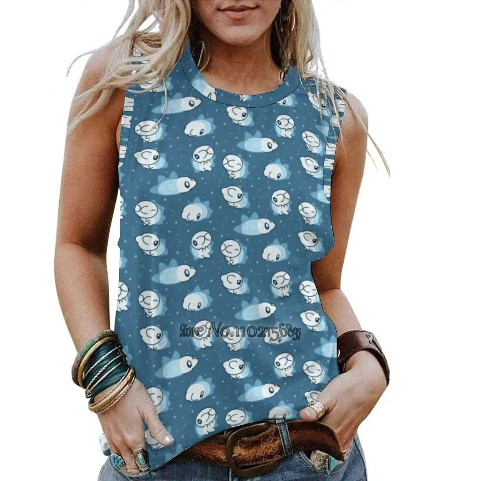 

Snom, Летние Элегантные майки с круглым вырезом, Свободный жилет, топ Snom, щит меча, ледяной жук, милый Шиби, повторяющийся