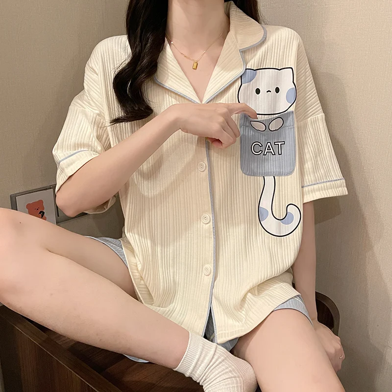 Summer new knitted cotton shorts pajamas ladies pit pattern cartoon bear lapel cardigan short-sleeved 2-piece casual home wear