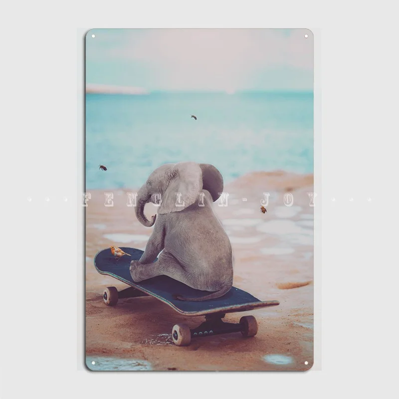Baby Elephant Skateboard Metal Sign Garage Decoration Mural Club Home Vintage Tin Sign Poster