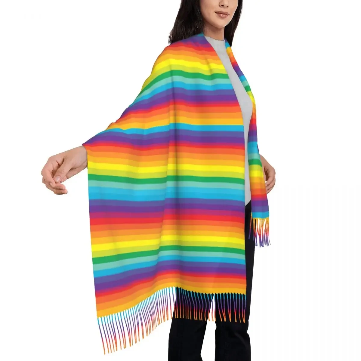 Шарф в радужную полоску теплые шали с красочным принтом и кисточкой женские