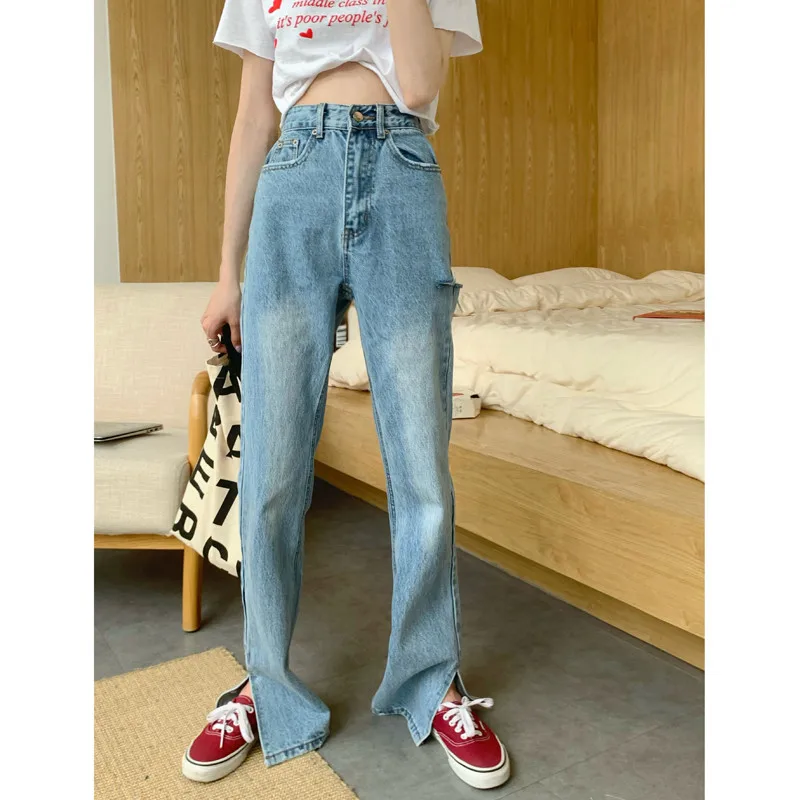 N0962   Ripped split jeans new high waist show high wide leg pants floor mopping trousers jeans
