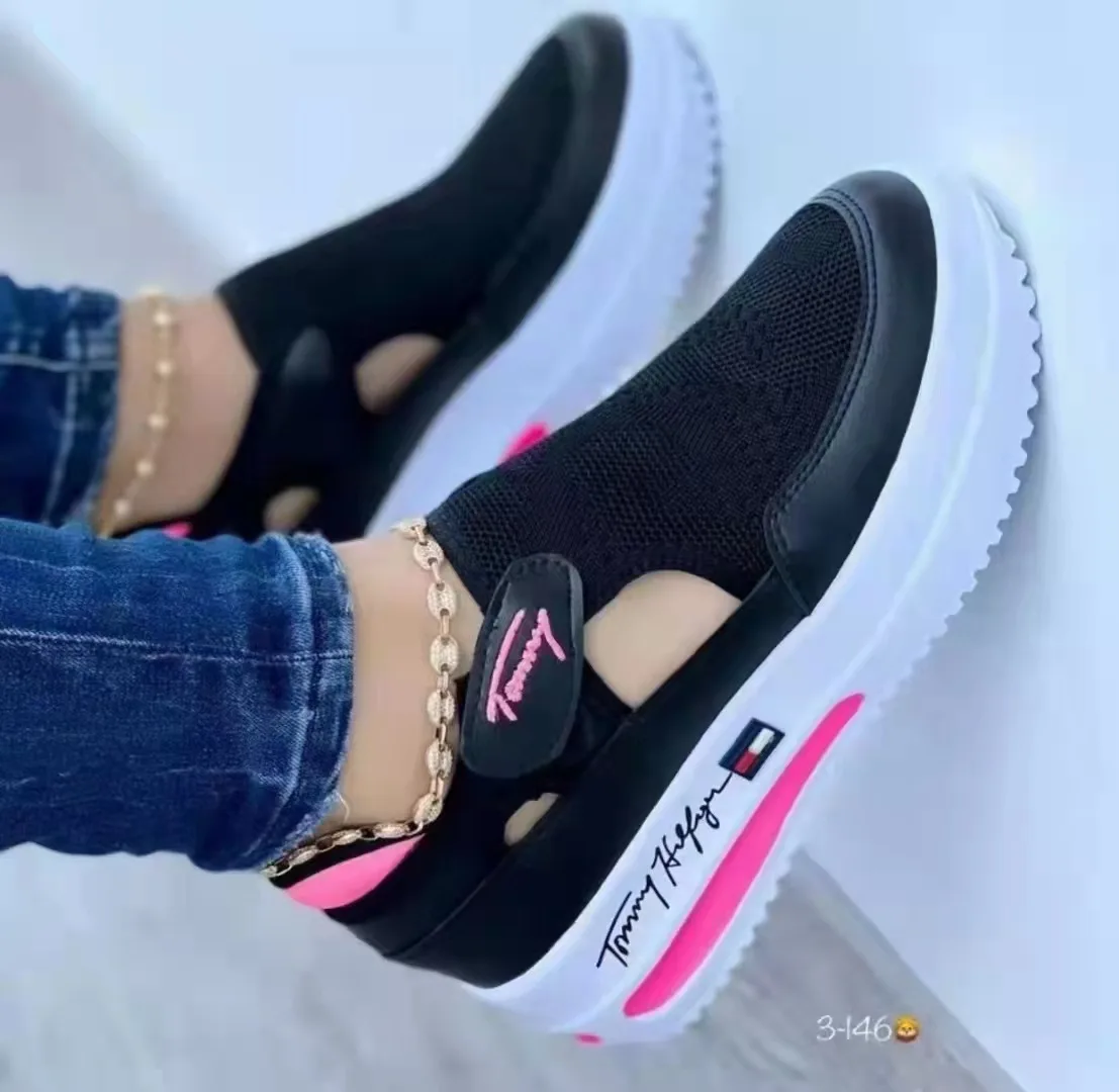 

2022 Summer cross-border large size flying woven casual shoes wedge heel hollow Velcro round toe low-top women's shoes