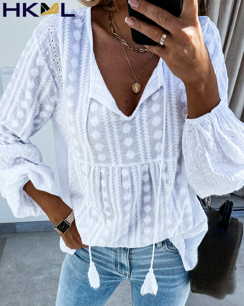 

Eyelet Embroidery Tassel Design Lantern Sleeve Top Women Blouses