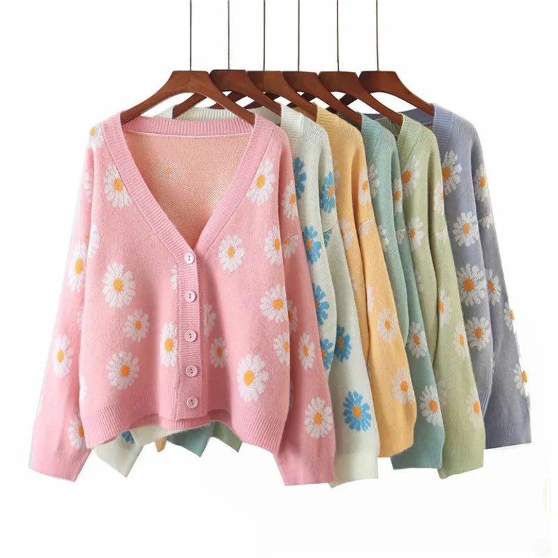 

2022 New Cardigan Sweater Women's Autumn Loose Lazy Style Coat Flower Cardigan Sweater V-Neck Long Sleeve Knitting Cardigan Tops