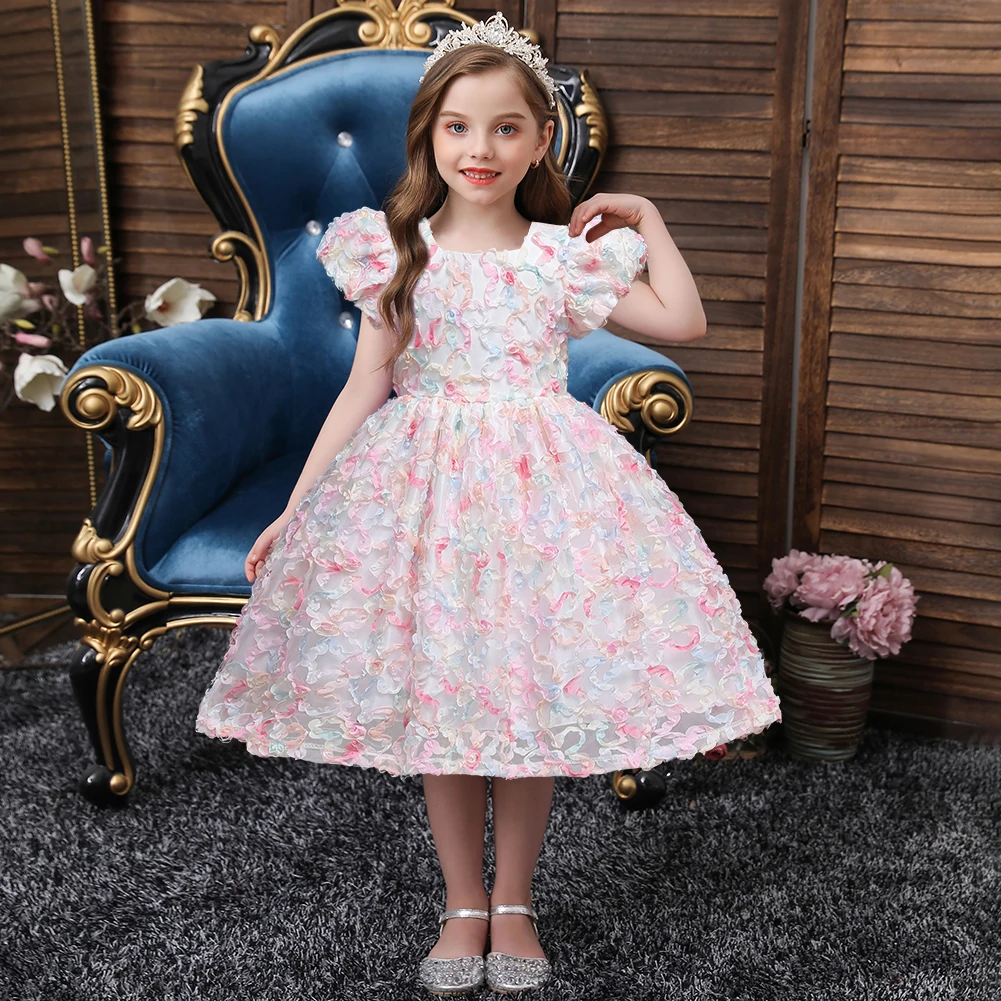 

Korean Style 3D Flower Girl Bridesmaid Dress Pink Girls Party Birthday Dresses for 6Y Soft Kids Night Dress