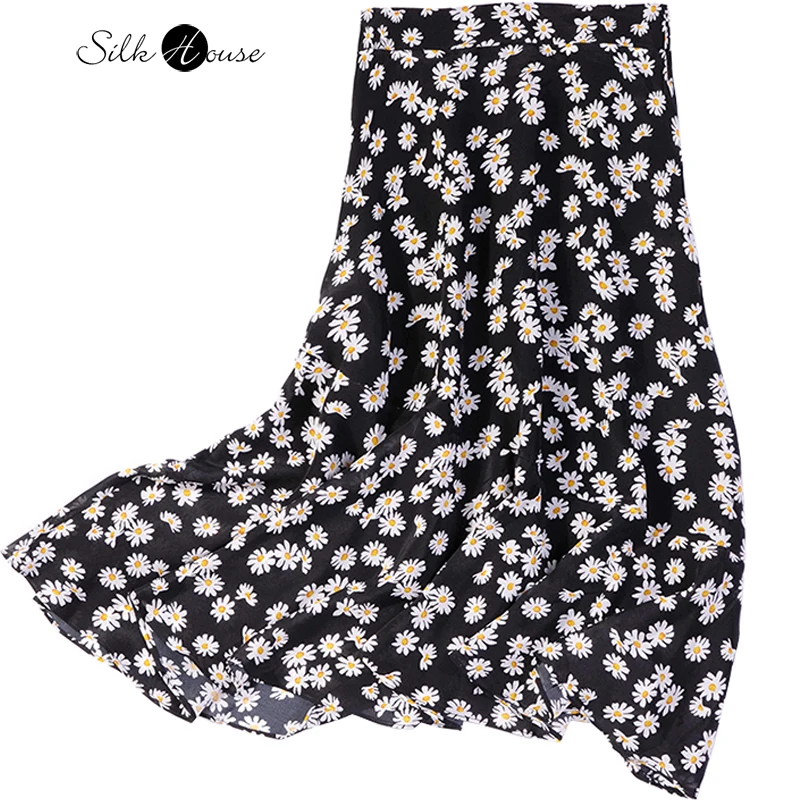 

Женская шелковая юбка с запахом, юбка средней длины из шелка тутового шелкопряда с маргаритками, юбка-годе, весна-лето 2022