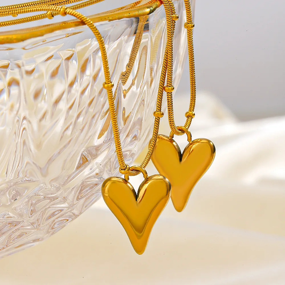 Puffed Heart Pendant Necklace Bead Chain for Women Stainless Steel Stylish Jewelry Waterproof Party Gifts collares para mujer