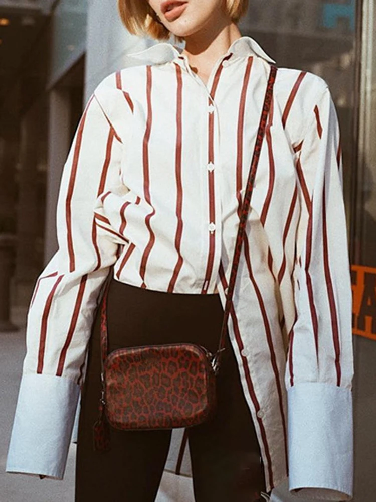 

Jyate Vintage Red Striped Shirt Lady Embroidered Neckline Lazy Style Cotton Loose Long Sleeve Top Spring Summer Woman Clothes