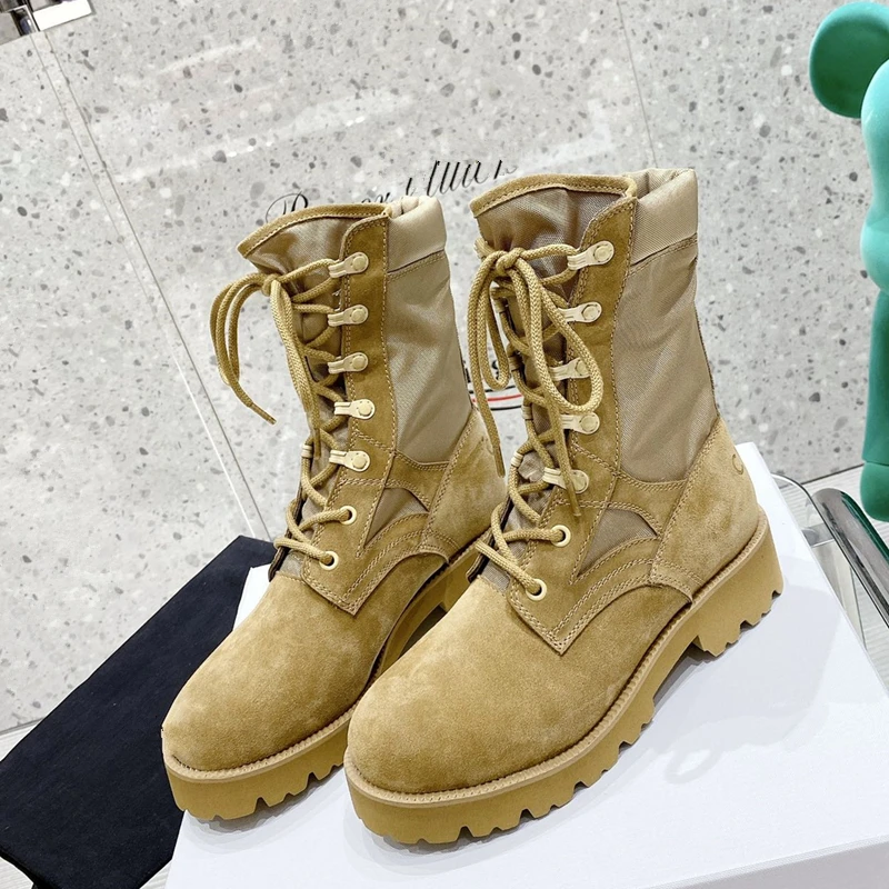 

2022 New Brown Cowhide Women Boots Lace up Combat Boots Platform Ankle Boots Motorcycle Boots Winter Women's Shoes