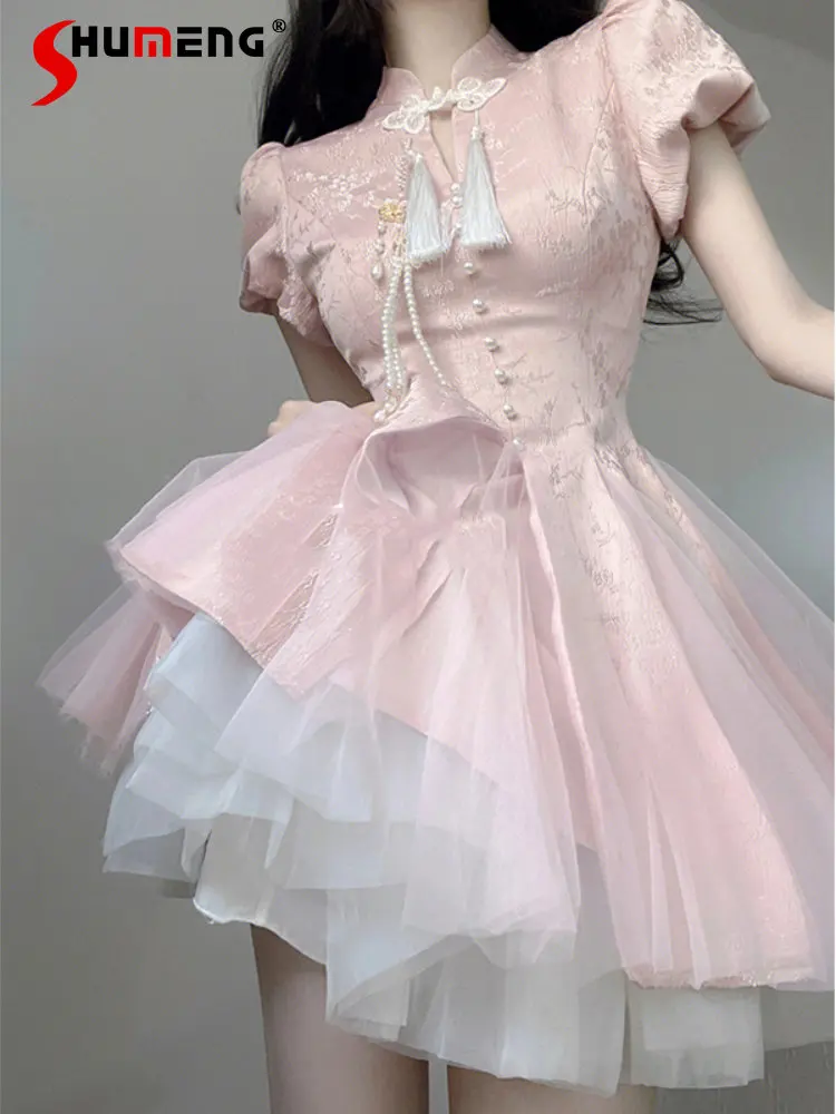 

Elegant Improved Cheongsam Dress for Women 2023 Summer New Gentle Unique High Waist Waist-Tight Short Puff Sleeve Dresses Woman