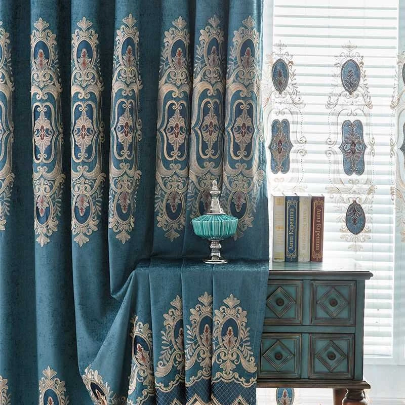 

Blue Coffee Color Embroidered Blackout Living Room Bedroom Curtains European Royal Style