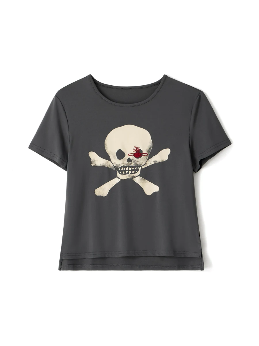 

Gothic Crop Tops for Women Skull Print Short Sleeve T Shirt y2k Punk Clothes 2000s Aesthetic Tee