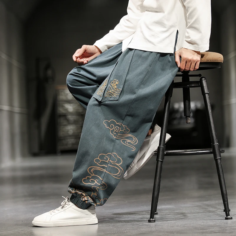 

2021 Men Oversize Wied Leg Pants Harajuku Cotton Linen Casual Trousers Male Embroidery New Men Jogging Sweatpants Streetwear