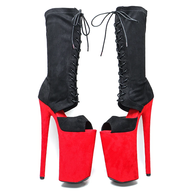 Leecabe  26CM/10inches black with red suede upper  sexy exotic High Heel platform party open toe  shoes Pole Dance boot