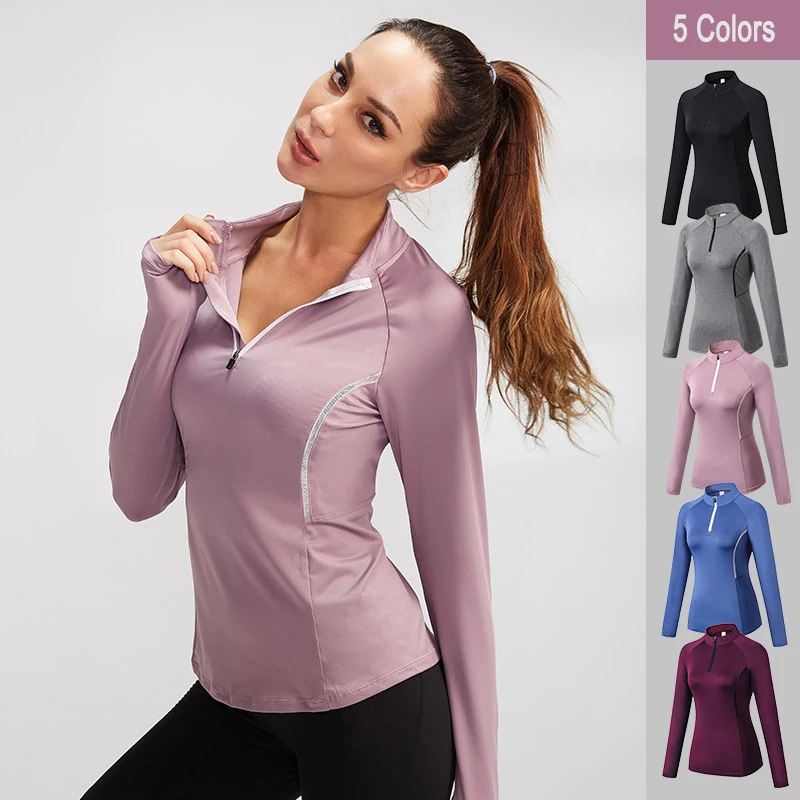 

Women Long Sleeve Yoga Top Fitness Running Training Exercise T-Shirt Quick Drying Front Zipper Sports Sweatshirt Stand Collar