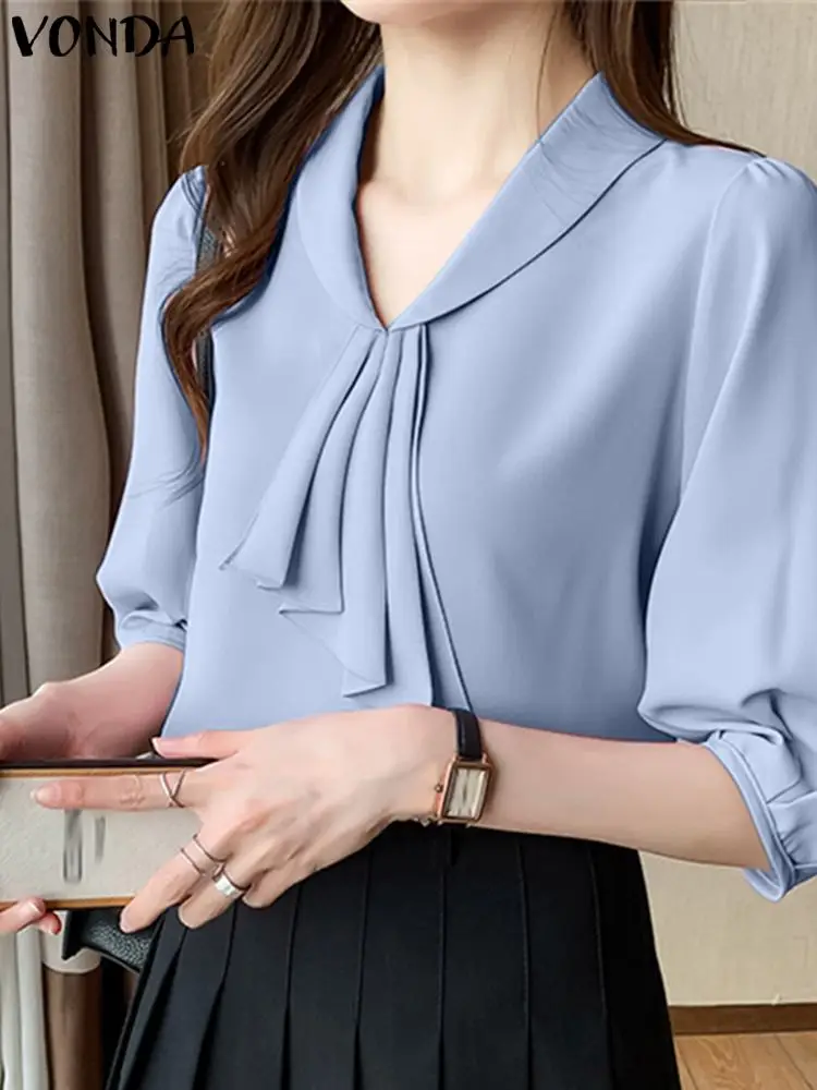 

VONDA Women 2023 Summer Tops Fashion OL Style Blouses Elegant Office Shirts Half Sleeve Lapel Casual Solid Color Blusas Feminina