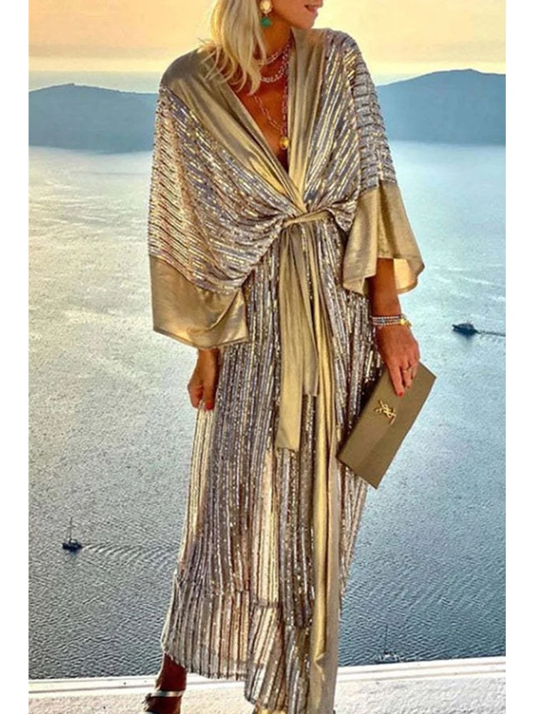 

Mandylandy Women Elegant Sequins Vacation Dress Fashion Female Sexy Y2K Long Sleeve V NecK Lace Up Party Evening Loose Dress