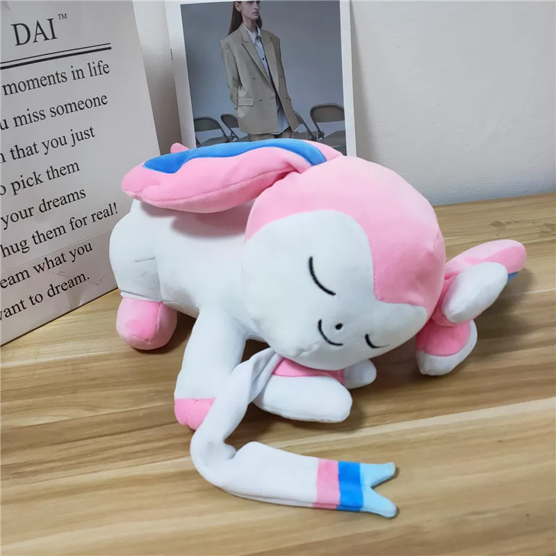 

New 35cm Sleeping Sylveon Plush Toy Cartoon Animation Soft Prone Eevee Doll For Kids Adults Birthday Gift