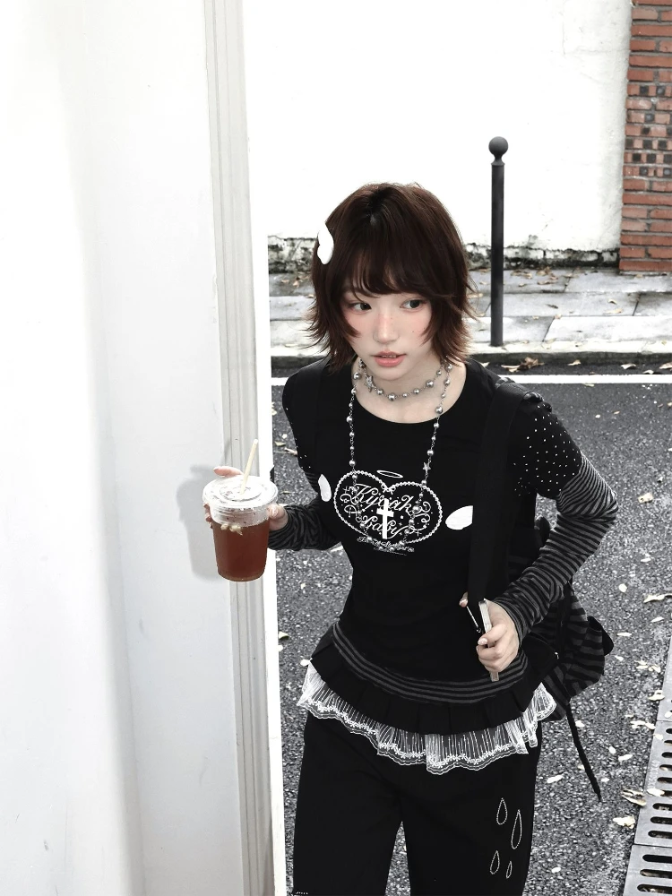 Фото HOUZHOU Y2k черные винтажные женские футболки с рисунком Harajuku милые полосатые футболки с длинными рукавами в горошек в японском стиле тонкие повседневные футболки №1